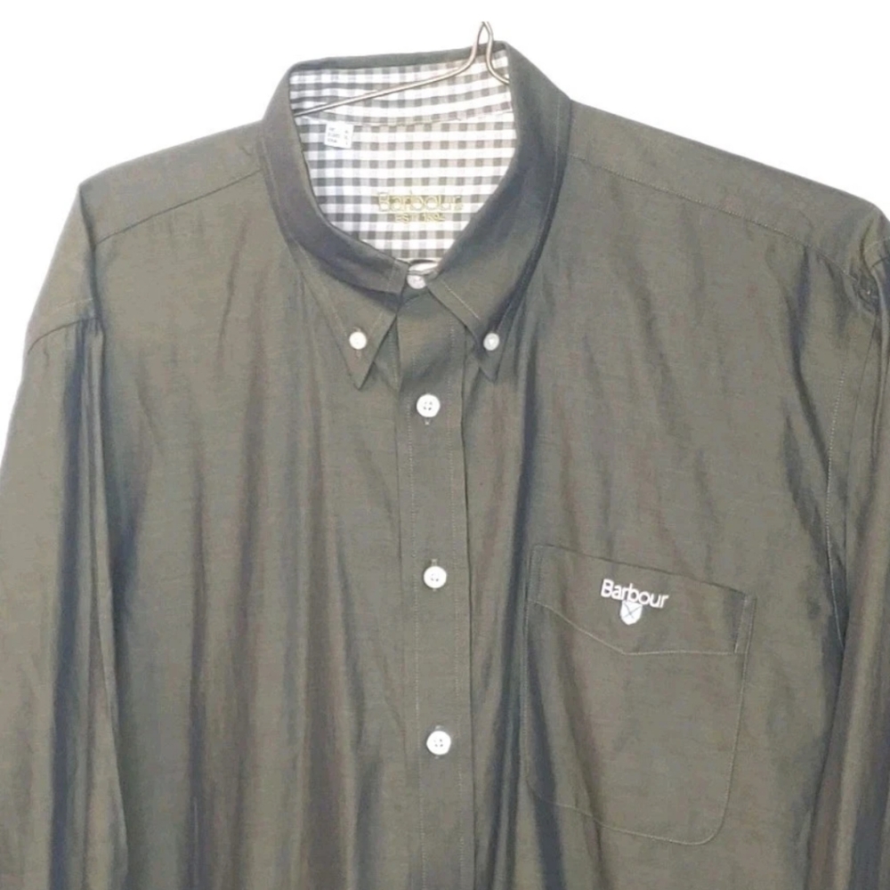 Barbour Dress Shirt Men Sz Large Green Flip Cuffs Button Office Academia Preppy